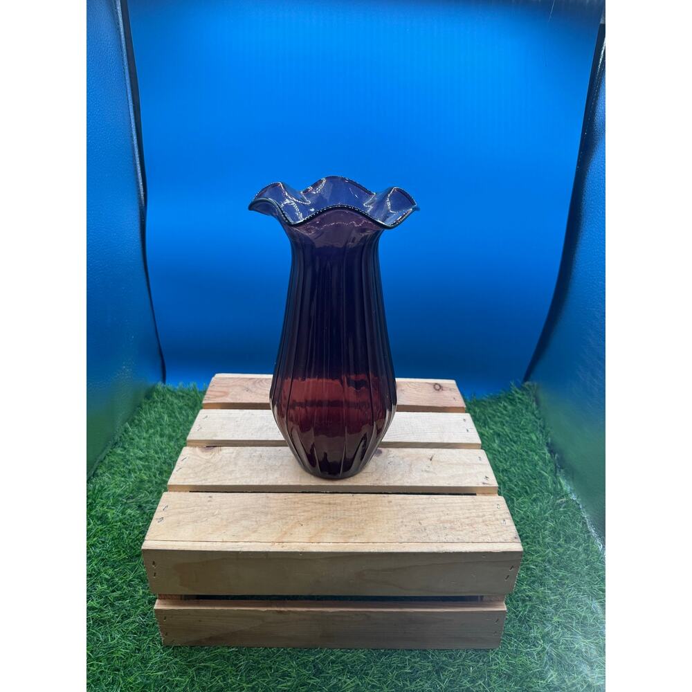 Vintage Amethyst Glass Ruffled Vase - 9.5" Optic Rib Purple Art Glass Vessel